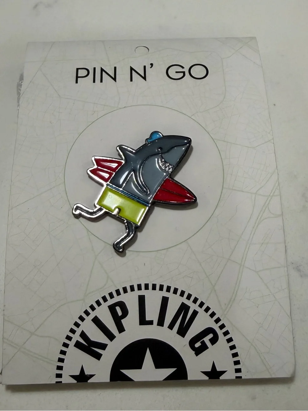 Kipling Shark Enamel Pin — Blue, Red, White